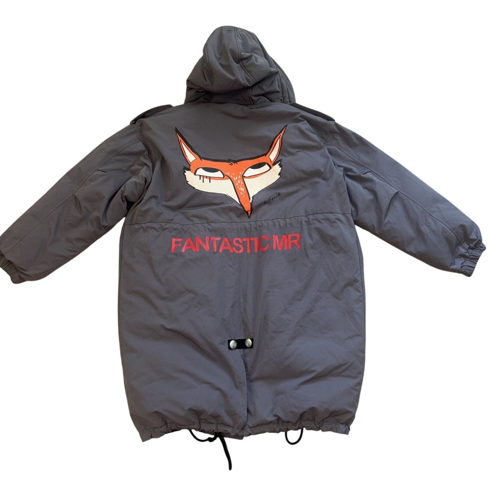 ELF SACK Fantastic Mr Fox Hooded Parka Jacket Grey Graphic Mid Length Coat S - Picture 2 of 9